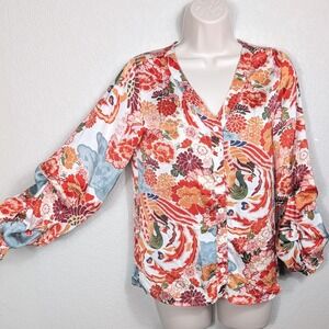 RD & Koko XS Anthropologie‎ Floral Print Button Down Blouse Ruched Long Sleeve